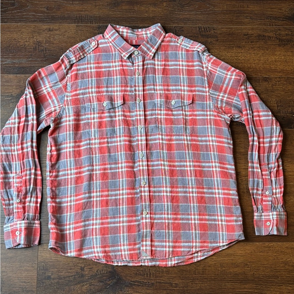 UNTUCKit Mens 100% Linen Shirt  Large Slim Fit Red Plaid Epaulets XL